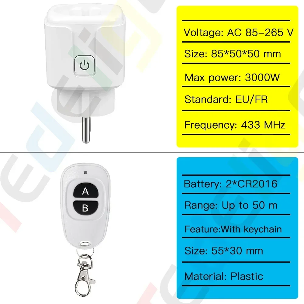 Presa elettrica RF 220V 16A spina telecomando Wireless 433MHz 3000W Standard EU FR, per LED domestico/luce/ventola/lampada ON OFF