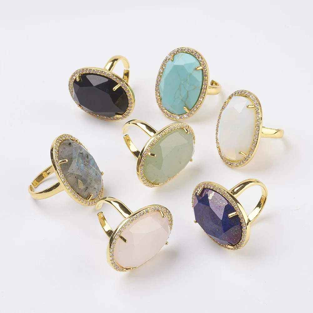 5pcs Vintage Oval Nautral Mixed Stone Ring Brass with Rhinestone Size 7 Finger Ring Adjustable Jewelry For Women Men