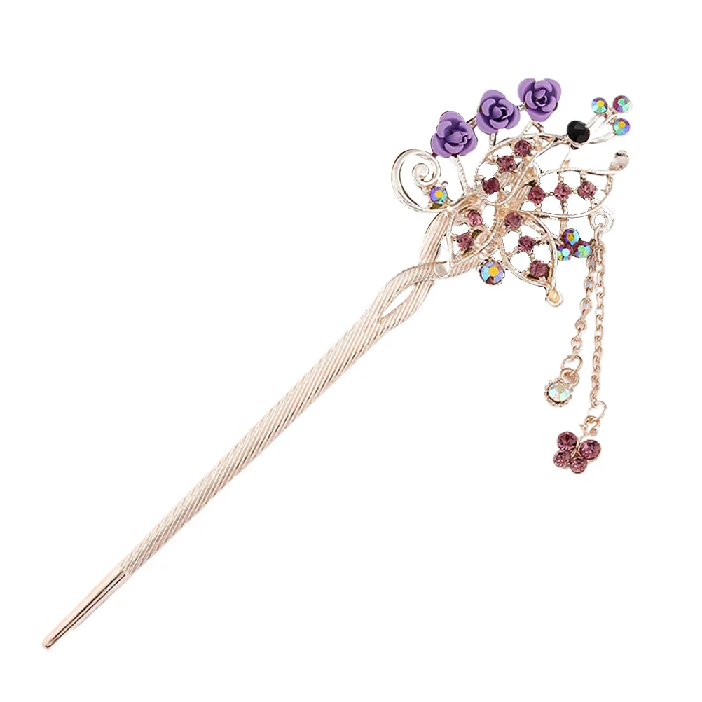 

Girls Retro Rose Hairpin Rhinestone Clips Tassel Forks Women's Wedding Accessories