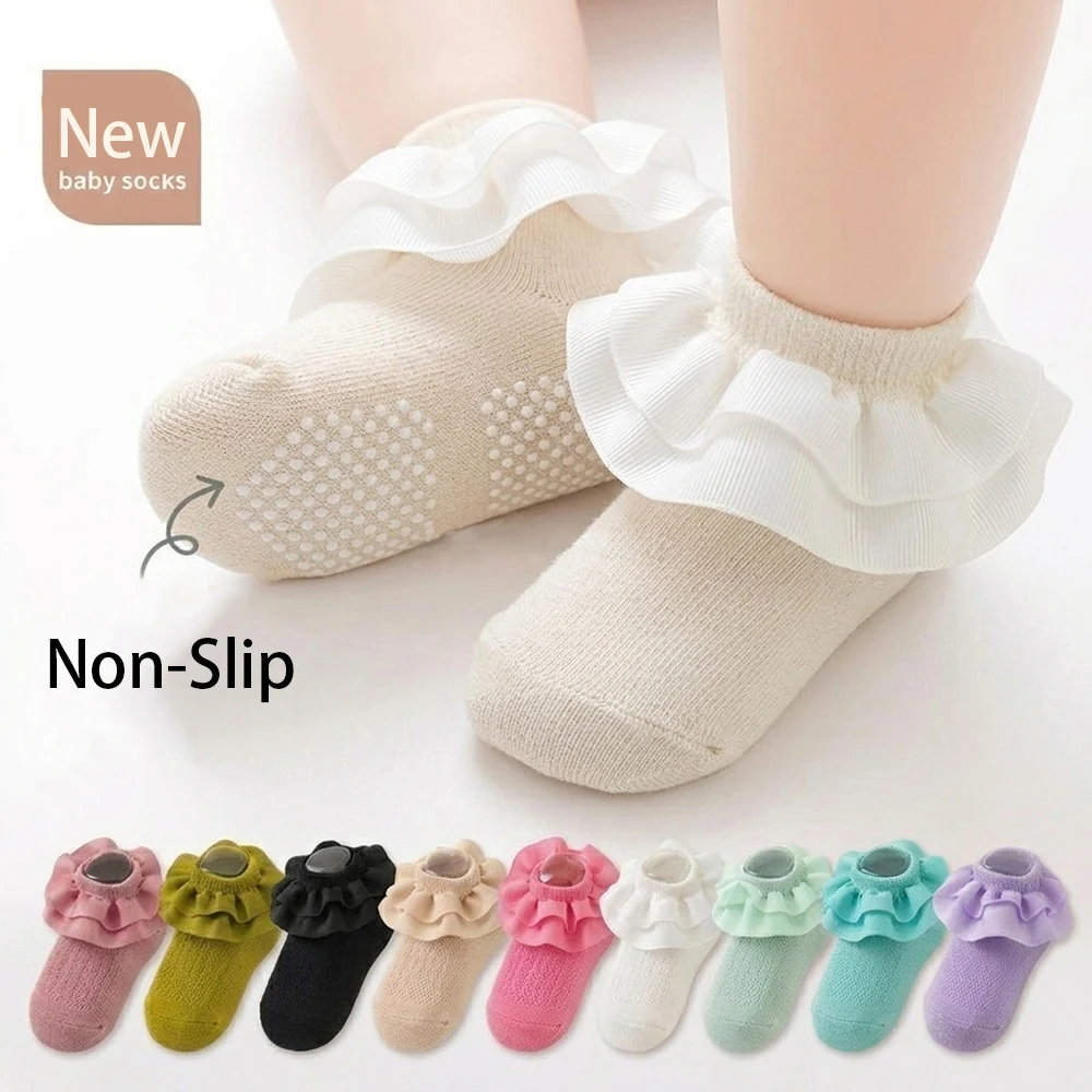 6Pairs Non-Slip Baby Floor Socks Cotton Princess Girls Frilly Sock With Lace Infant Baby Ankle Socken Cute Children Sock