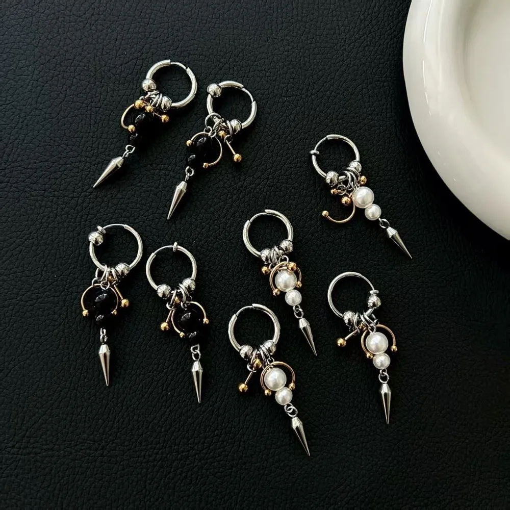 Creative Punk Earrings Gothic Stainless Steel Rivet Earrings Imitation Pearl Tassel Earrings Jewelry Accessories
