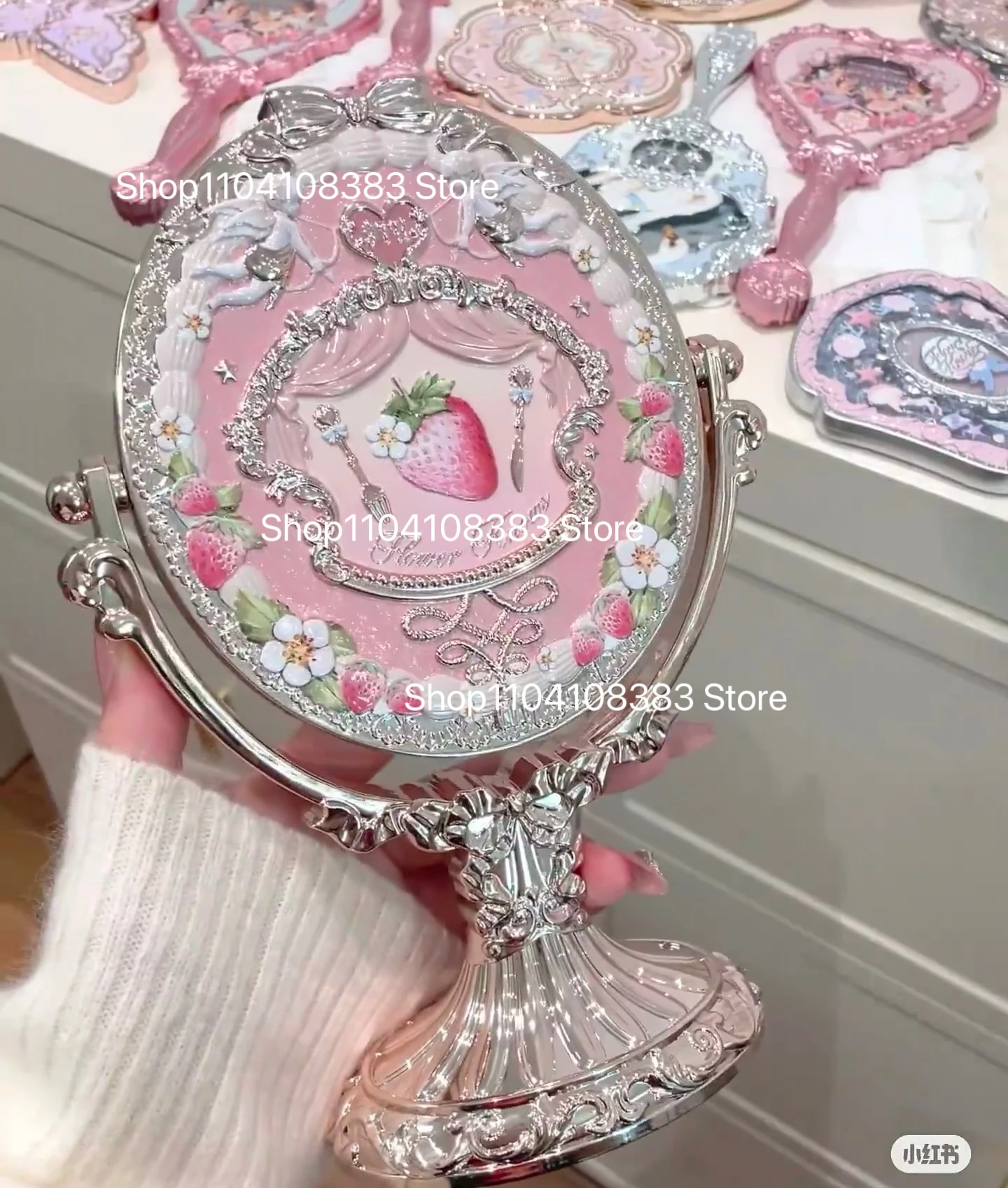 Flower Knows Moonlight Mermaid Exquisite Textured Crystal Hand Mirror Blue Pink Ladies Makeup Mirror
