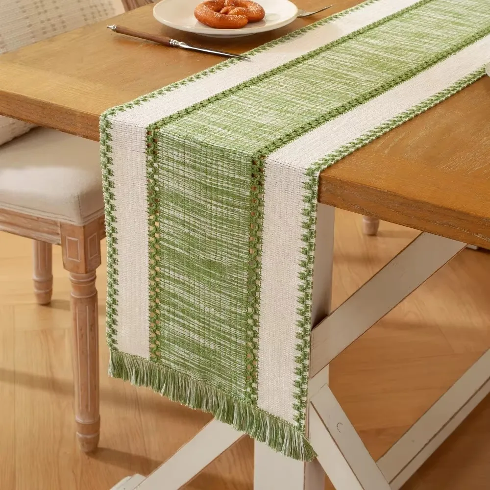 Splicing Color Farmhouse Table Runner with Gradient Tassel Rectangular Long Tablecloth Non-slip Stain-resistant Table Cover