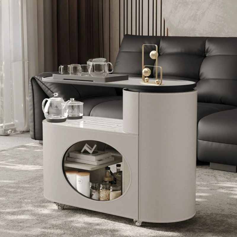 Mobile modern solid wood saddle leather tea table retractable push-pull tea side table kettle tea cabinet integrated