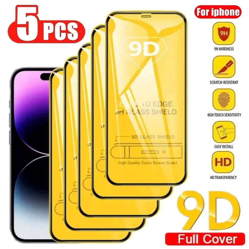 5PCS 9D Protective Glass Screen Protector for iPhone 16 13 12 11 Pro Max Mini 7 8 Plus Tempered Glass for IPhone 11 15 XR XS MAX