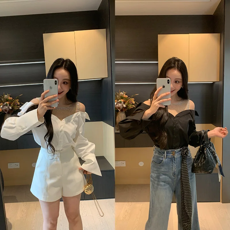 

Весенняя коллекция: Нежный комплект из двух предметов с имитацией бриллиантов, женская облегающая универсальная повседневная свободная блузка с длинным рукавом XIN