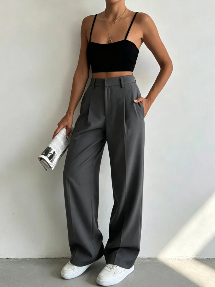 2026 Chic New Elegant High Waist Autumn and Winter Loose and Thin Women's Trousers Mopping Casual Solid Color Office Suit Pants