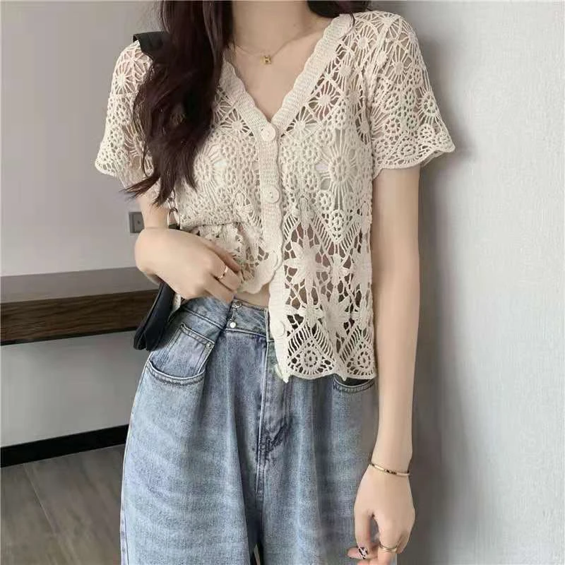 Hollow Out Cardigan Women Baggy Solid Bohemian V-neck Lace Summer Sweet French Style Retro Elegant Hipster Fairycore Stylish