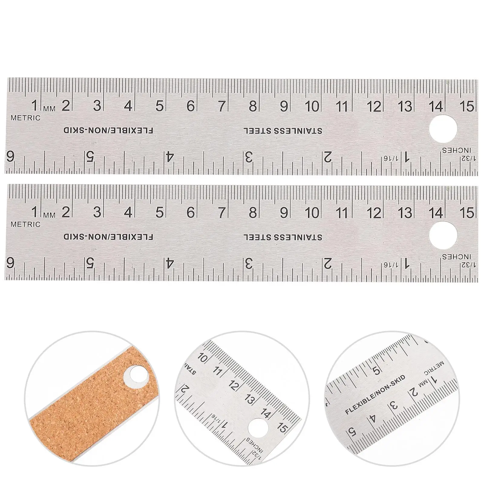 2 Pcs Ruler with Cork Backing Tools for Mechanics Metal Rulers Non-slip Student