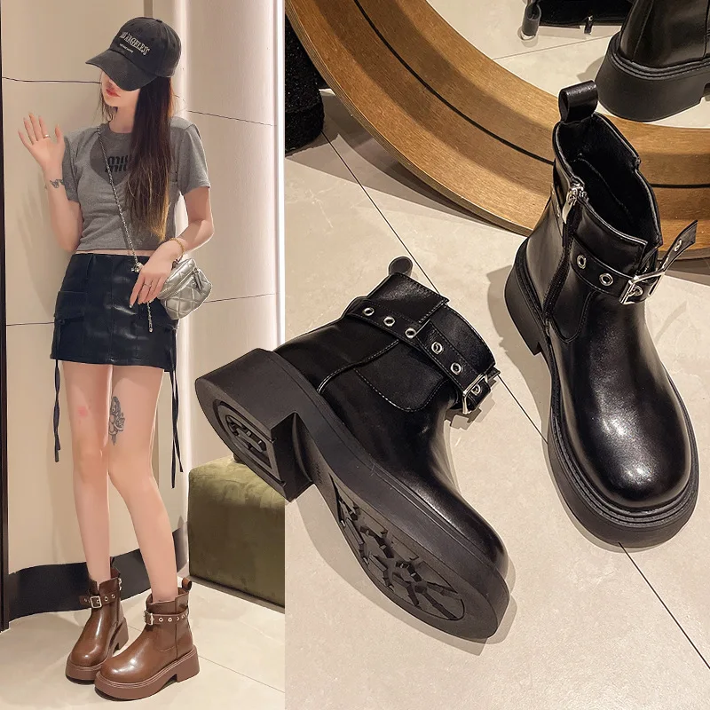 

2025 New Winter British Style Women's Platform Ankle Boots Synthetic Leather Belt Buckle Chunky Heel Sleek Dress Boots Casual