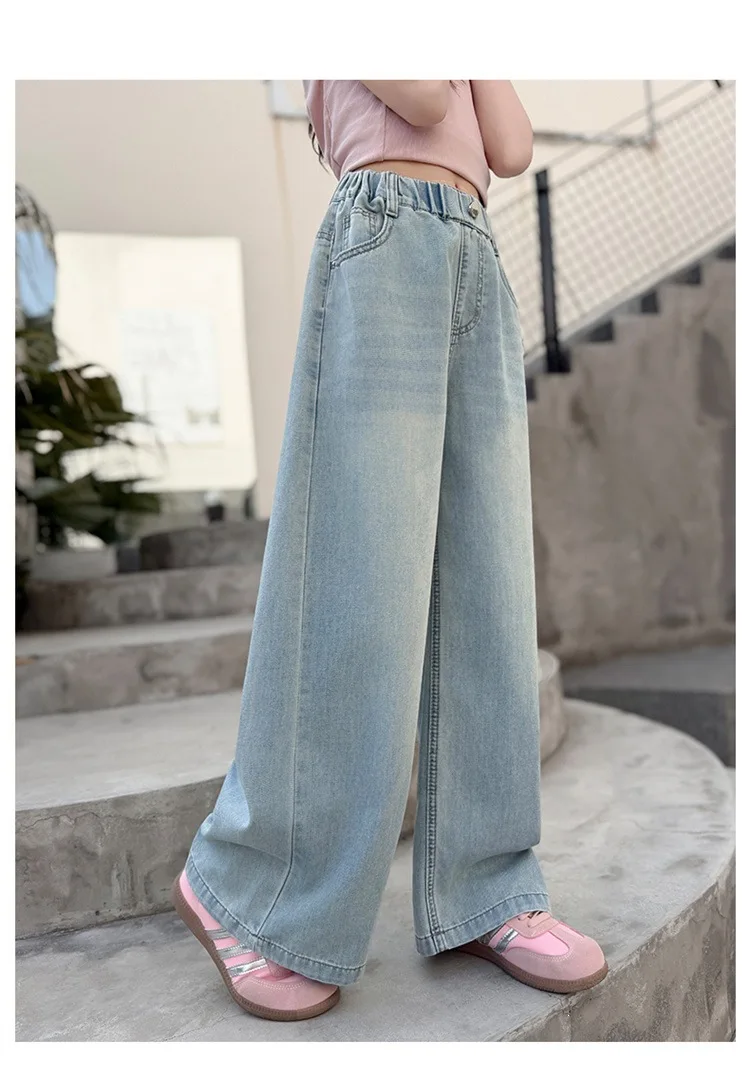 Sommer-Jeanshosen für Mädchen von UNITIM, 4-14 Jahre, Weite Beine, Lockere Passform mit Taschen, Gerade Hosen für Junge Mädchen – Detail 8