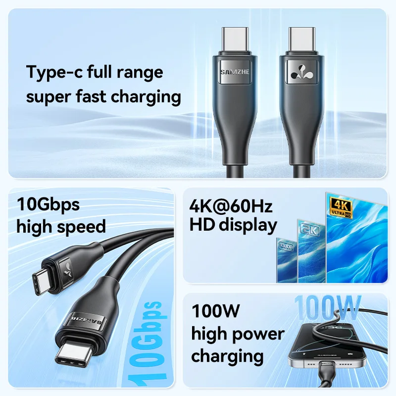 SAMZHE Type C to Type C PD100W Fast Charging Cable USB 3.2 20Gbps ThunderBolt 3 8K Extend Data Cord For iPhone 17 Pro MacBook