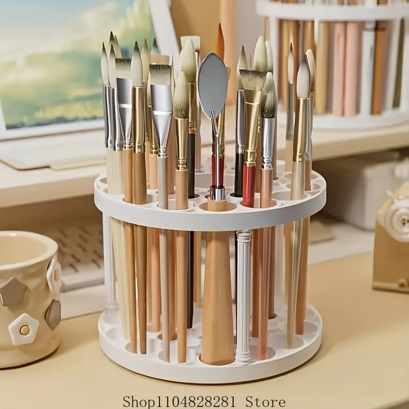 360 °   حامل فرشاة دوار - مقبس بلاستيكي مزجج، مناسب للفرش وأدوات التجميل - ملحق سطح مكتب أبيض موفر للمساحة