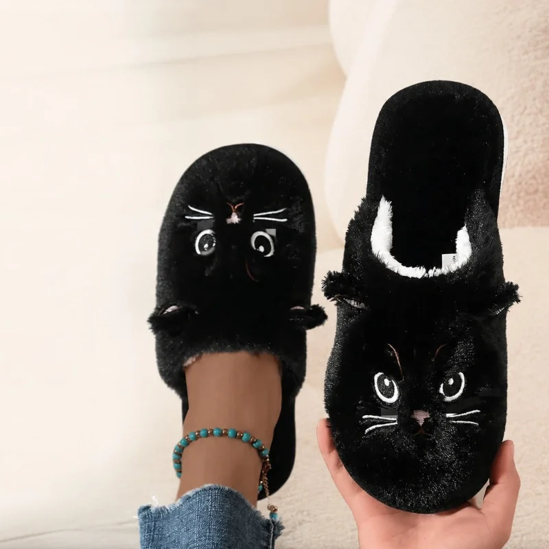 Unisex Winter Slippers Plush Upper Cat Embroidery Detail Fuzzy Lined Slip On Thick Flat Sole Cute Couples Warm Shoes