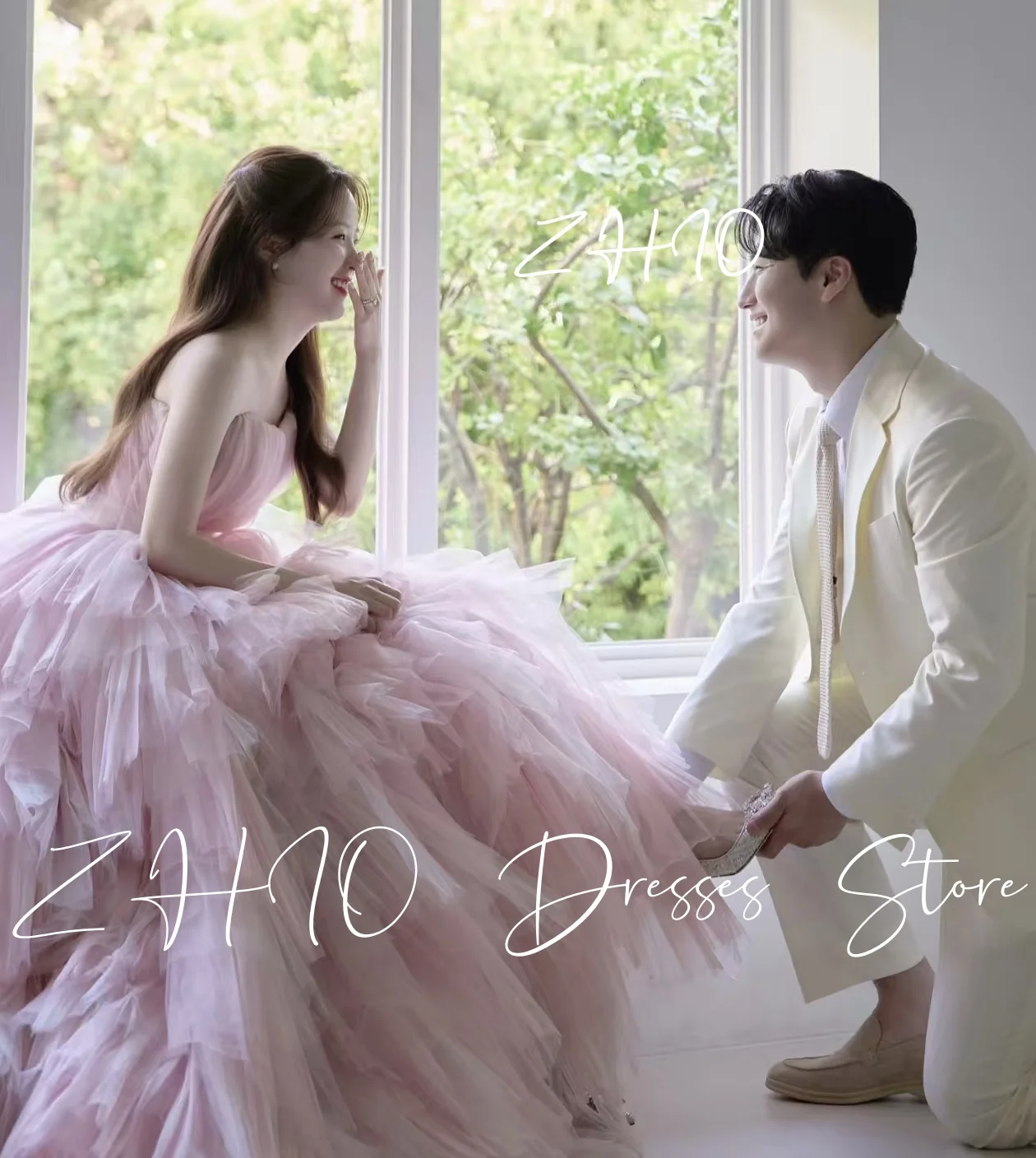 Zhi doce rosa vestido de casamento sem alças drapeado a linha trem varredura tule coreia sessão de fotos vestido de recepção de noiva personalizado luxo