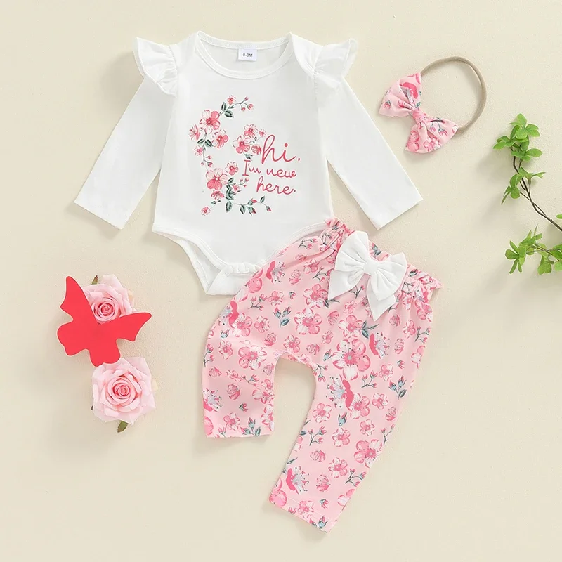 

Newborn Baby Girls Outfit “Hi I’m New Here” Ruffle Long Sleeve Crew Neck Bodysuit Floral Pants with Headband 3Pcs Clothes Set