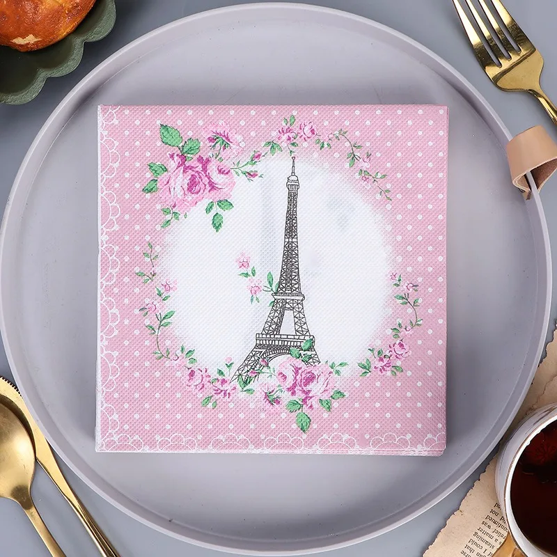 

20pcs/bag Flower Eiffel Tower Printed Vintage Paper Napkins Table Disposable Tissue Wedding Towels Decorative Decoupage