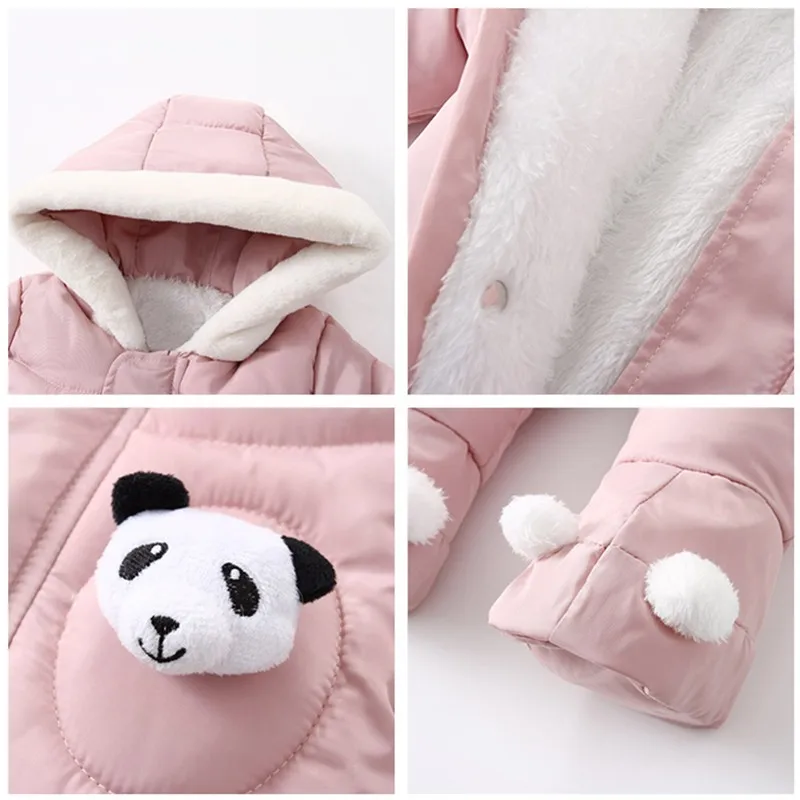 Winter Baby Coat Cute Panda Romper With Gloves Newborn Cotton Plus Velvet Warm Baby Jumpsuit Hooded Infant Clothing Set 0-18M