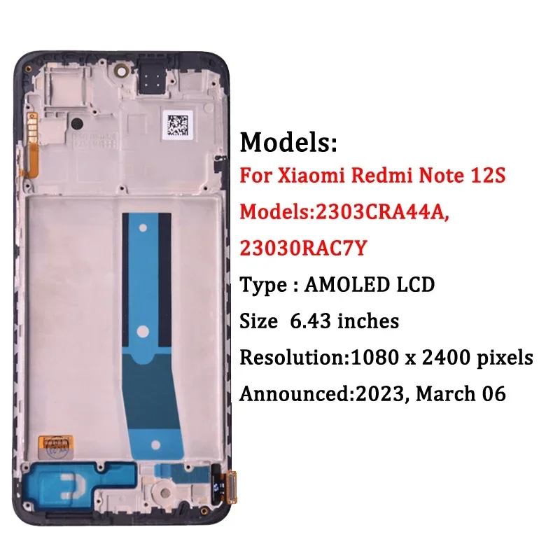 6.43''Super AMOLED For Xiaomi Redmi Note 12S LCD 2303CRA44A Display Touch Screen Digitizer For Redmi Note 12S Screen With Frame