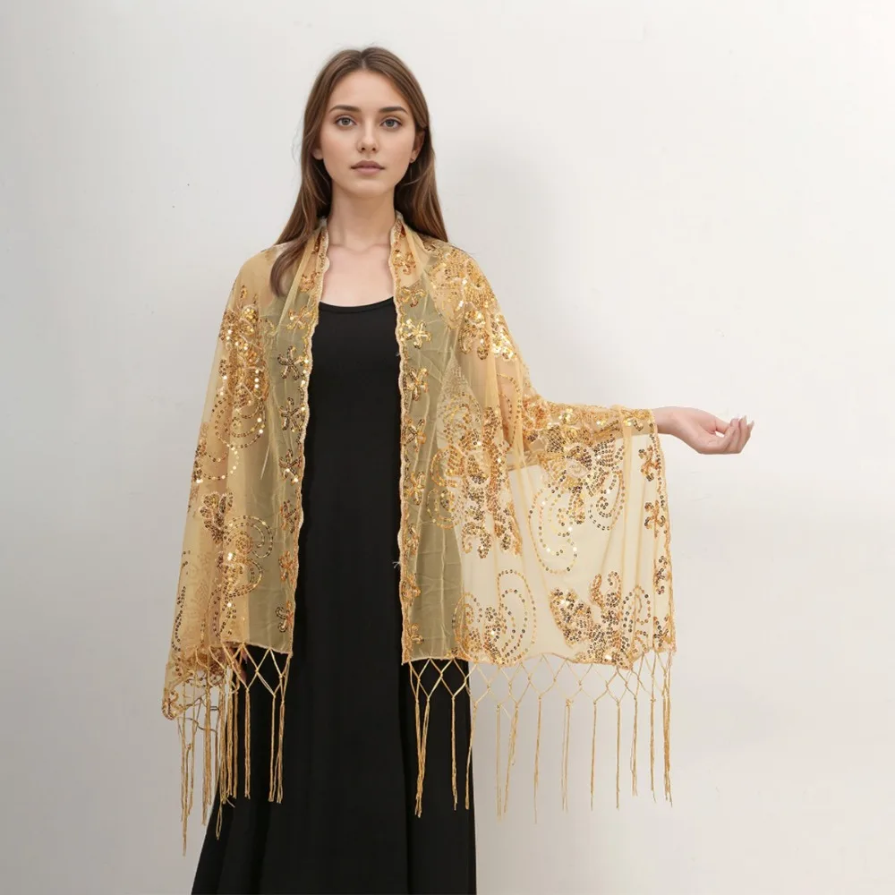 

Sweet Mesh Sequin Shawls Transparent Glitter Evening Dresses Scarves Sunscreen Neckerchief Tassels Scarf Bride/Bridesmaid