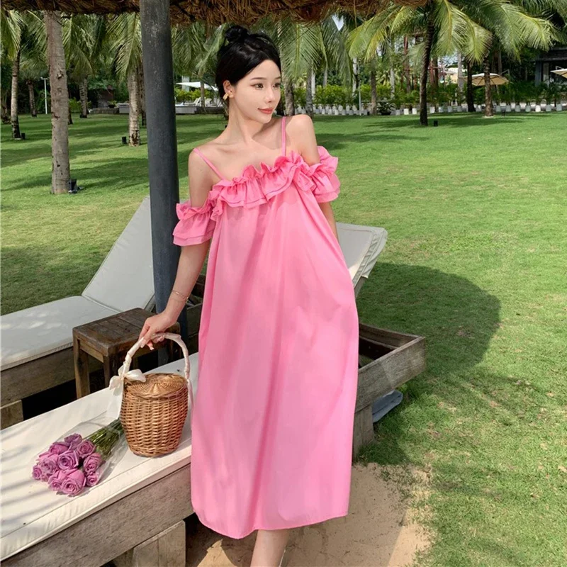 

Lolita Korean Fashion Midi Sweet Ruffled Dresses Pink Kawaii Clothing Long Loose Robe Casual Beach 2024 New In Dresses for Women