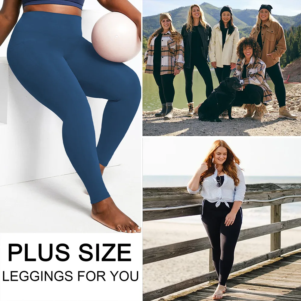 �Damen-Yoga-Leggings in Übergröße mit hoher Taille und Taschen | Bauchkontrollierende, hüftbetonte Workout-Strumpfhose in einfarbigen Farben für das Fitnessstudio – Detail 2