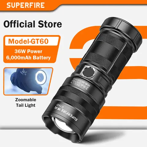 SUPERFIRE GT60 3000LM Rechargeable led flashlight 36W high power Torch 6000mAh Waterproof Zoomable Camping Fishing lantern