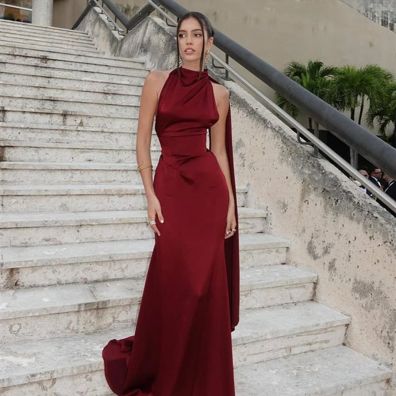 

Элегантное атласное женское платье с завязками на шее, роскошное свадебное платье, настраиваемое вечернее платье, шикарный стиль, средняя талия, без рукавов