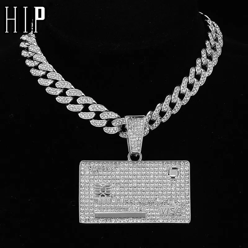 HIP HOP Bling Iced Out Bank Card Shape Pendant Cuban Necklace for Women Men Shiny Rhinestone Zircon Necklace Rappers Jewelry