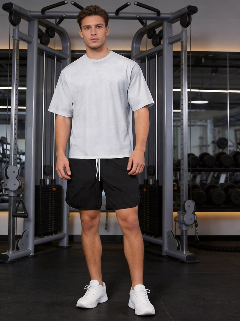 

Mens Sports T-shirts Sets Summer Jogging Exercise Mesh Quick-drying Short Sleeve T Shirts + Shorts for Gym Fitness Sportswear