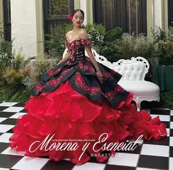 Black Red Mexican Charro Princess Quinceanera Dresses Luxury Off Shoulder Floral Applique Ruffles vestidos de 15 quinceañera