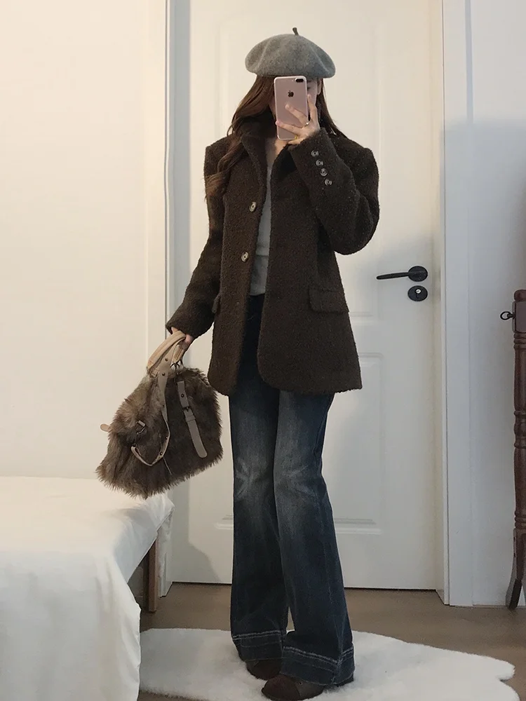 

Корейский костюм высокого класса в стиле ретро, шерстяное пальто, женское зимнее новое свободное твидовое длинное твидовое пальто, прямая трубка, длинный све