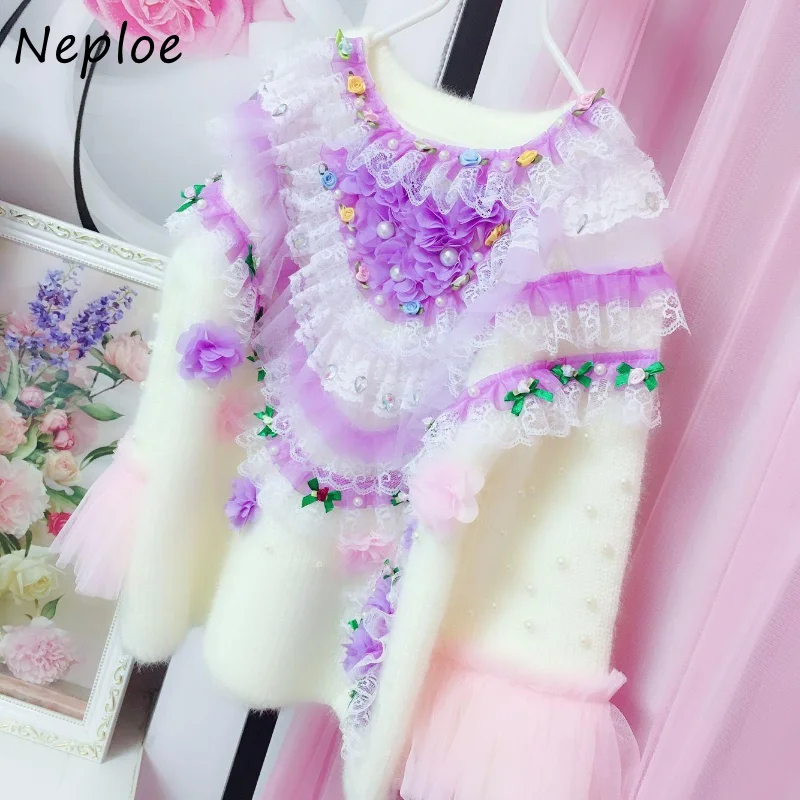 Neploe O Neck Beading Lace Patchwork Stereo Flower Jumpers Solid Color Long Sleeve Mesh Pull Femme Jersey Mujer Sweater Y2k