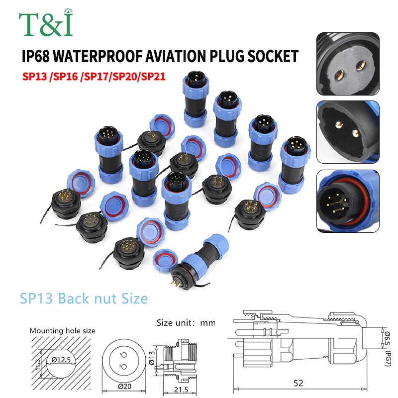SP13 SP16 SP17 SP20 SP21 IP68 Waterproof Aviation Connector Plug Socket 2-12 Pin Male Female Panel Mount Cable Wire Connectors