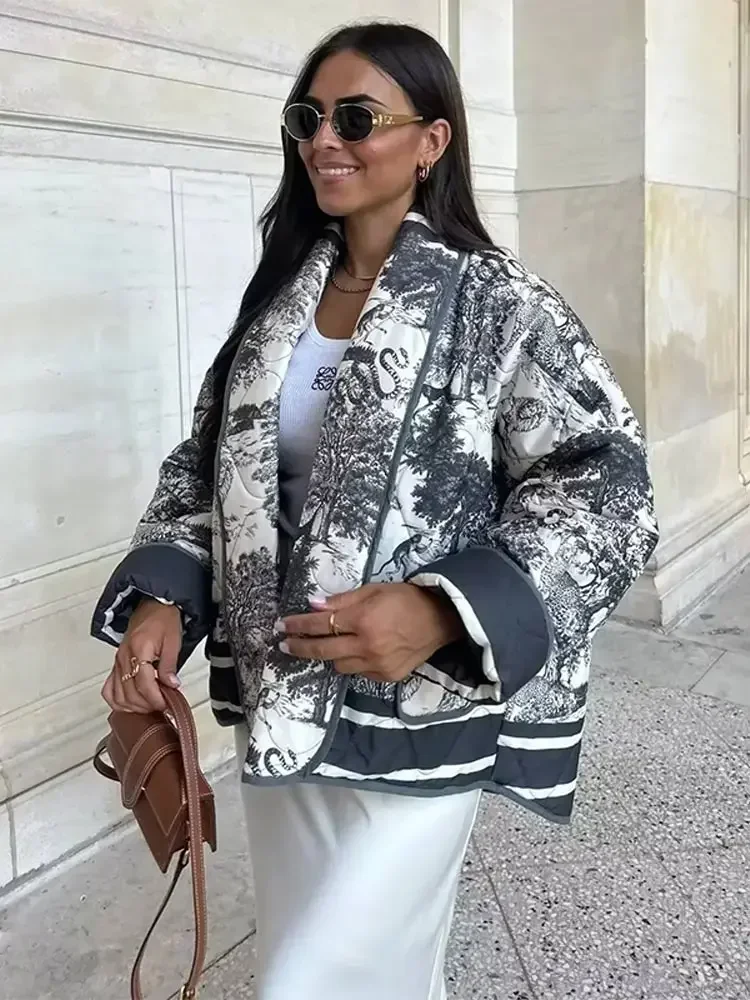 Cárdigan con estampado elegante para mujer, chaqueta informal holgada de manga larga con cuello abatible y bolsillos, ropa de calle elegante para otoño e invierno, 2024