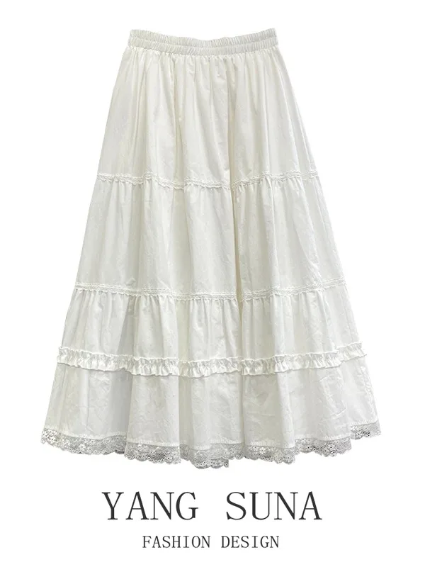 

Casual White Mid-Length A-Line Skirt for Women Spring Summer Sweet Forest System Girl Elastic Waist Versatile Leisure Skirt