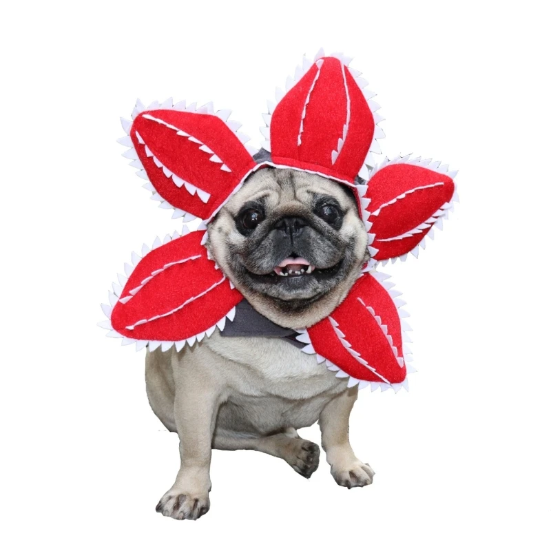 Pet Hat Scary Flower Headwear Soft Demogorgon Theme with Adjustable Sticker Pet Devil Flower Hat