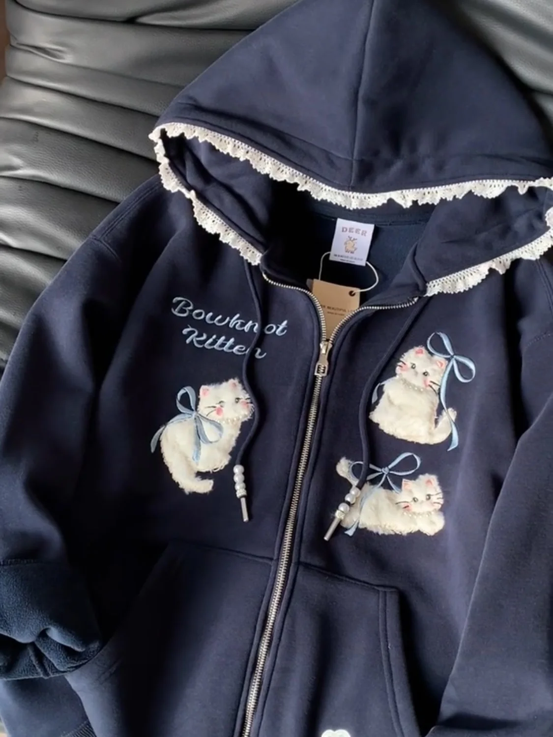 Loose Fit Women's Hoodie Embroidered Fleece  Pattern Autumn Winter White Enhancing Open Cardigan Couple Outerwear