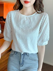 Summer Short Sleeve Blouse Women Blusas Mujer De Moda 2024 Verano O-Neck White Blouse Shirt Women Tops Blouses Femme Shirts E744