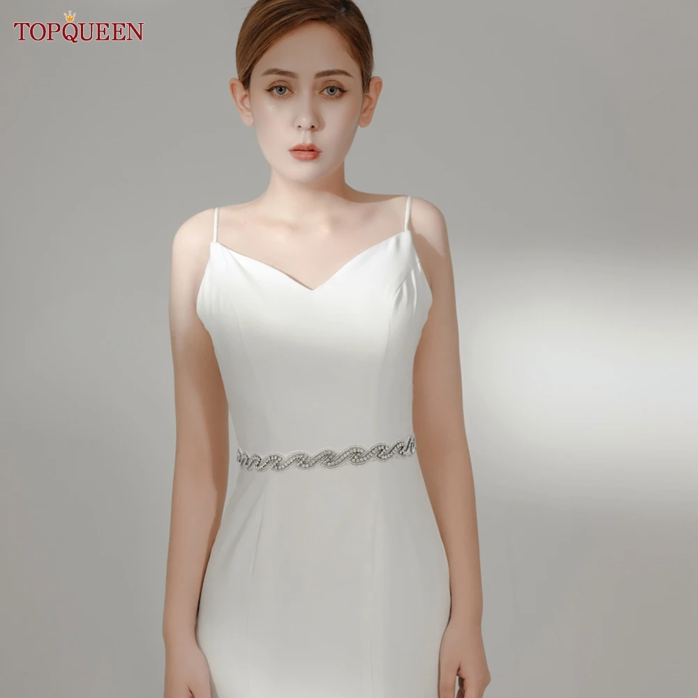 TOPQUEEN S62 Bridal Belt 2022 새로운 크리스탈 골치 아픈 건 새시 드레스 라인 석 아플리케 수제 여성 거들 웨딩 액세서리