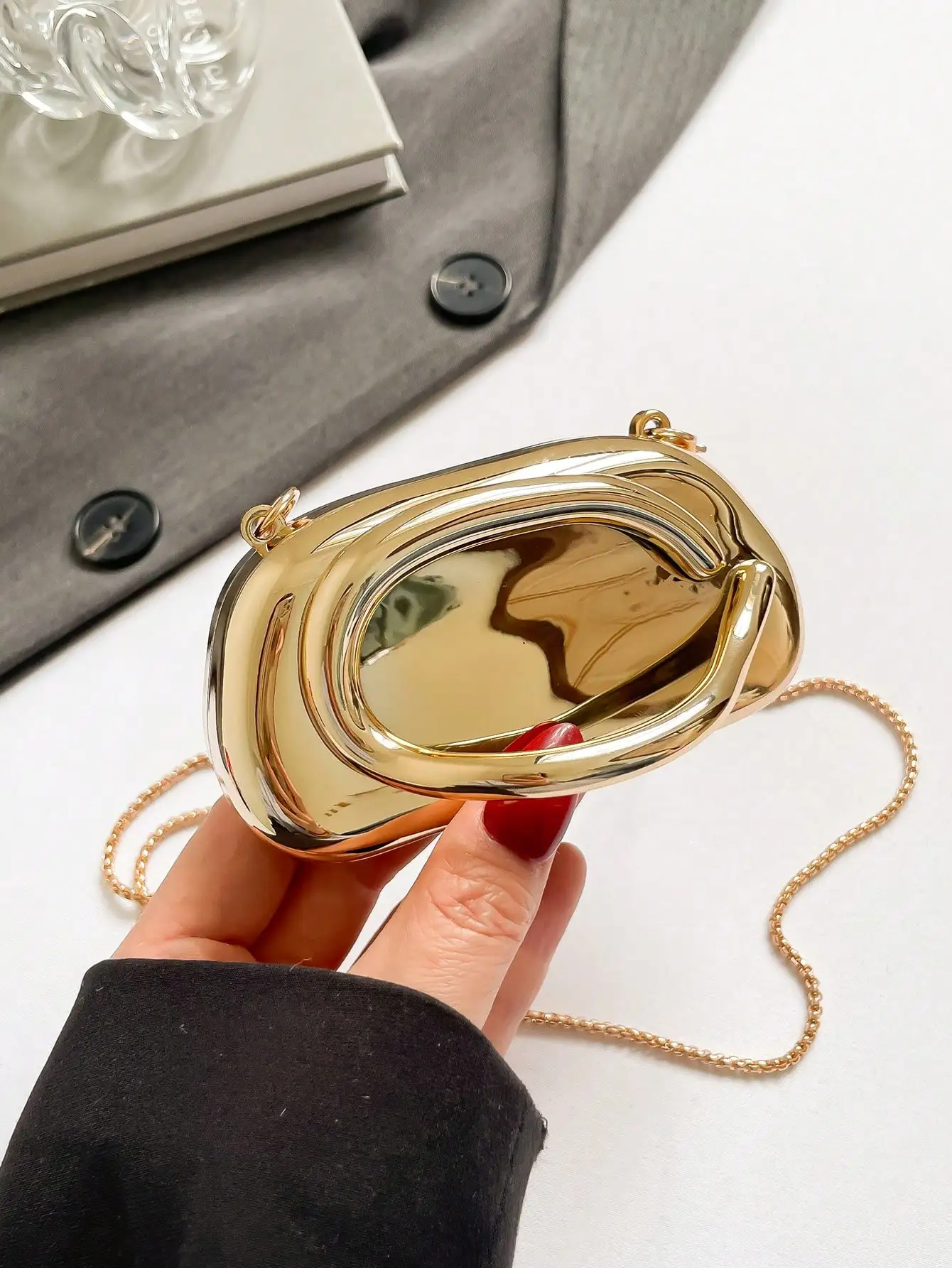 

Gold Metallic Asymmetrical Mini Chain Shoulder Bag for Evening Wear