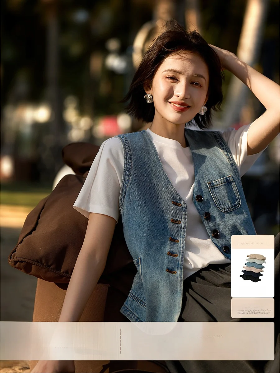 

Женский джинсовый жилет Quali из хлопка, винтажный, повседневный, с V-образным вырезом, на одной пуговице, весенний топ, дышащий, из смесовой ткани, джинсовый стиль