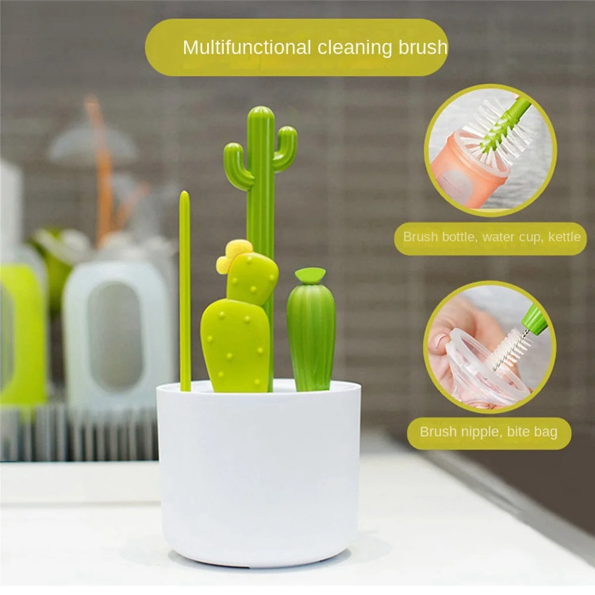 Cactus Bottle Brush, Straw Brush, Multifunctional Cleaning Brush Set, Full-Angle Cleaning