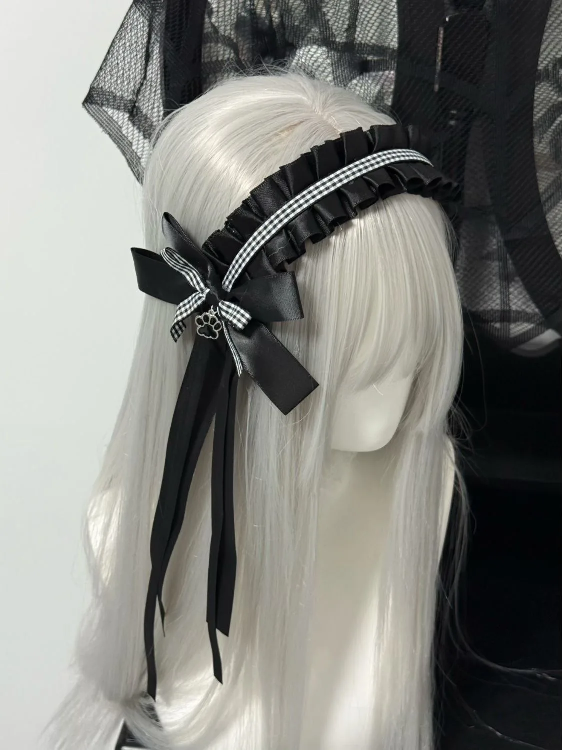 Black White Harajuku Lolita Lace Cat Paw Bow Hair Clip Headband Y2K Girl Subculture Gothic Headpiece KC Maid Cute Hair Accessory