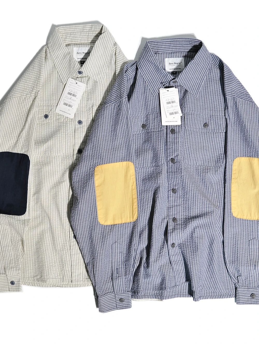 

Retro Patchwork Striped Loose Fit Workwear Shirt Casual American Style Jacket Youth Autumn Long Sleeve Sharp Collar Cotton