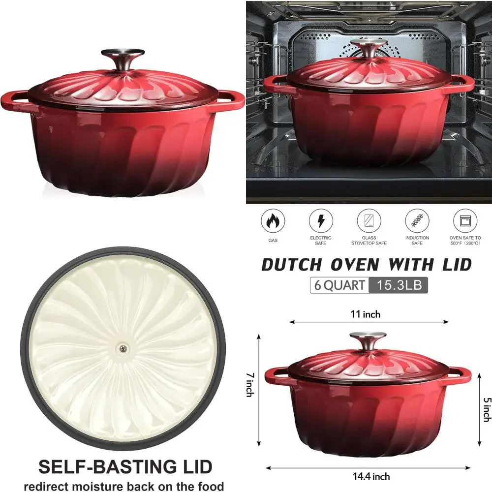 

Heavy-Duty 6-Quart Cast Iron Dutch Oven for Bread Baking, Braising, and Cooking with Lid - Perfect for Heavy Use in the Kitchen