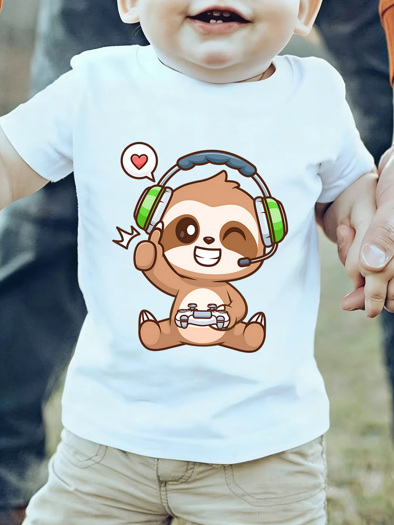 Winking Gamer Sloth Heart Speech Bubble Video Game Art Print Kids T Shirt Boys Girls Family Matching Summer Crew Neck Casual Tee