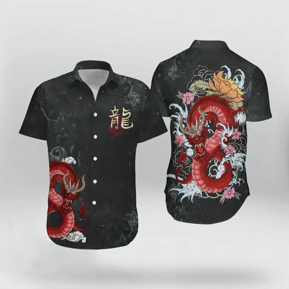 Hot Sale Men's Cuban Shirt Cool Red Dragon Hawaii Summer Japanese Style Short Sleeve Chemise Homme Plus Size for Men And Women