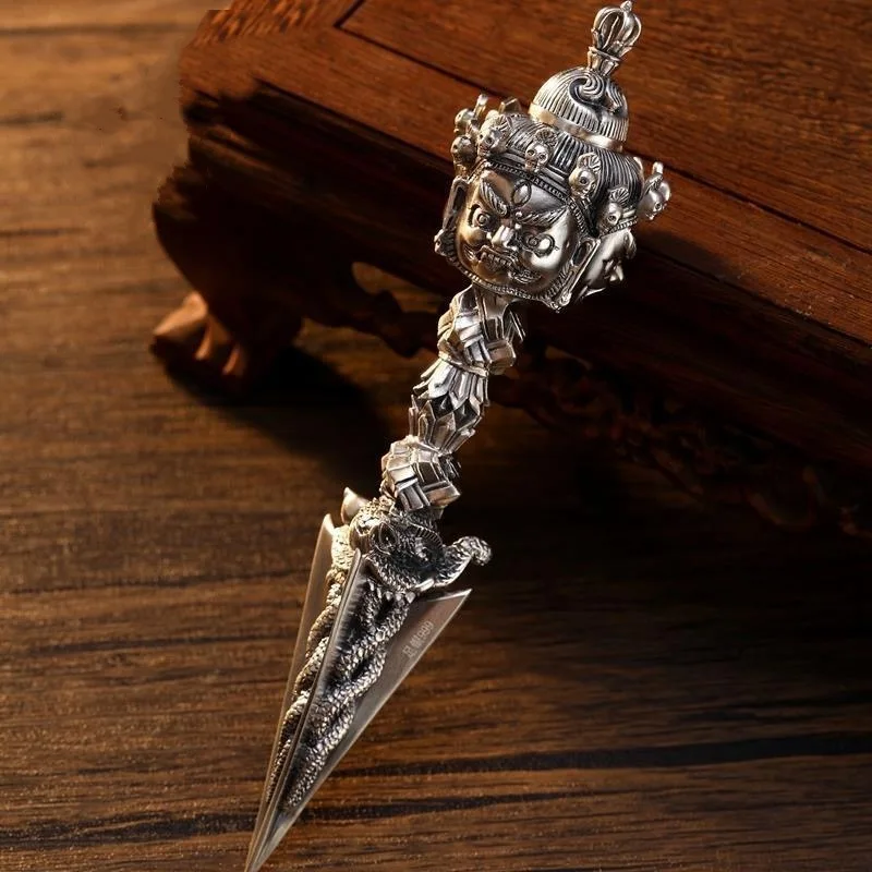 S999 Sterling Silver Vajra Dorje Pendant Necklace, Vintage Phurba Amulet for Men Women, Fashion Long Sweater Chain
