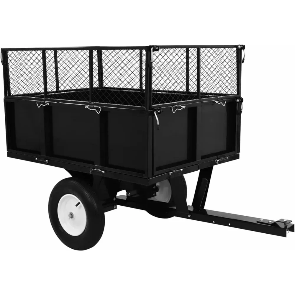 Side Walls Steel Frame Garden Trolley Cart Black 60.2 X 30.3 X 40.6 in Cargo Trolleys Tipping Trailer Outdoor Wagon With Wheels